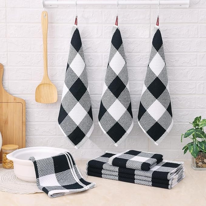 Homaxy Kitchen Towels and Dishcloths Set, Set of 10, White & Black | Bulk Cotton Waffle Weave Check Plaid Kitchen Towels, Super Soft and Absorbent Dish Cloths, 12 x 12 and 13 x 28 Inches - Image 6