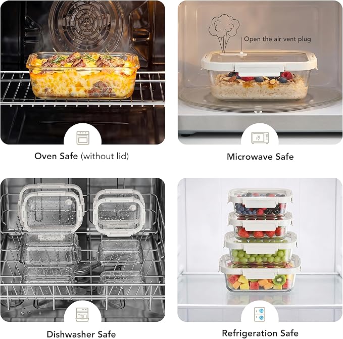 4 Pack Glass Produce Storage Containers for Fridge with Glass Lids | 82oz Borosilicate Produce & Meal Prep Containers, Airtight Leakproof BPA Free Fridge Organizer, Microwave Dishwasher Safe - Image 6
