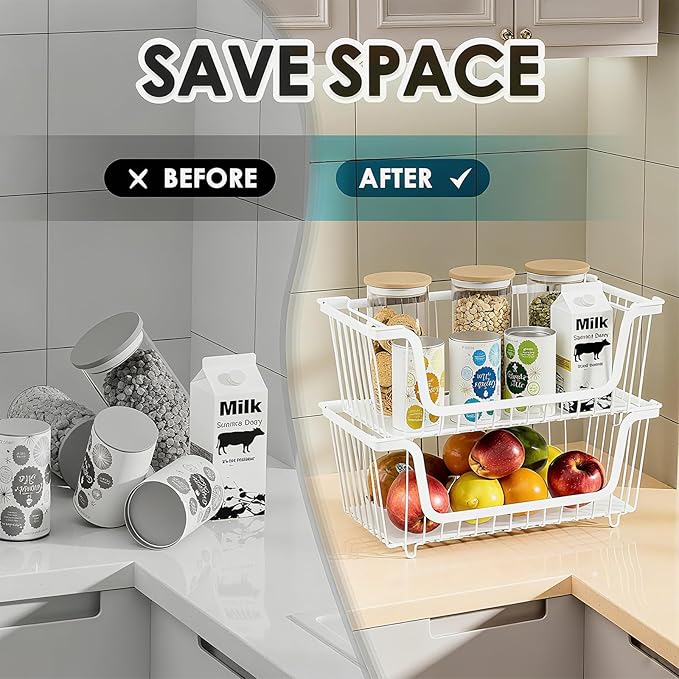 6 Pcs Stackable Wire Baskets for Pantry Organizers and Storage, | Vegetable Fruit Basket for Countertop,Kitchen Storage Metal Baskets,Produce Potato Onion Storage Bin,White - Image 6