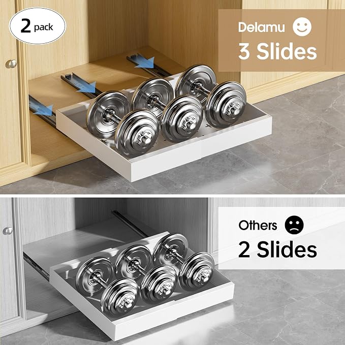 Delamu 16" Deep Pull Out Cabinet Organizer with 6 Dividers, Expandable (11.7 "-20" W) Pull Out Drawers for Cabinets, Cabinet Trays Pull Out for Cabinets in Kitchen, Pantry or Bathroom, White, 2 Pack - Image 5