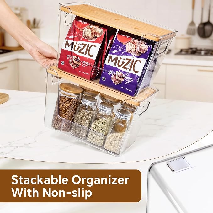 2 Set Pantry Organizers and Storage with Bamboo Lids, Stackable Clear Bins for Onion, Potato, Fruit, Vegetables, Trash Bag Dispenser, Kitchen and Under Sink Organizer - Image 8