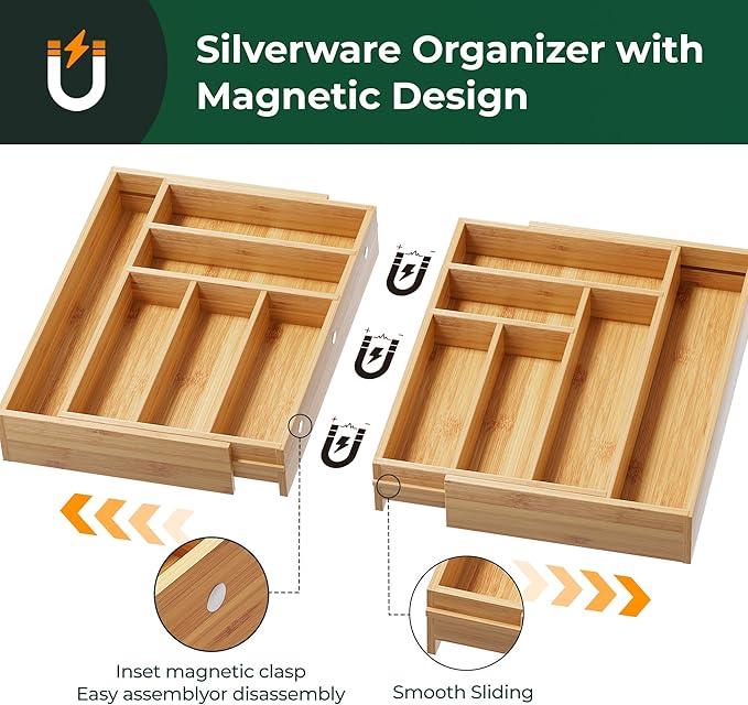 Large Silverware Organizer, 12 Slots Magnetic Connected Expandable Bamboo Utensil Drawer Organizer From 21 to 37.4 Inches, Adjustable Flatware and Cutlery Holder, Utensil Tray for Kitchen Natural - Image 3