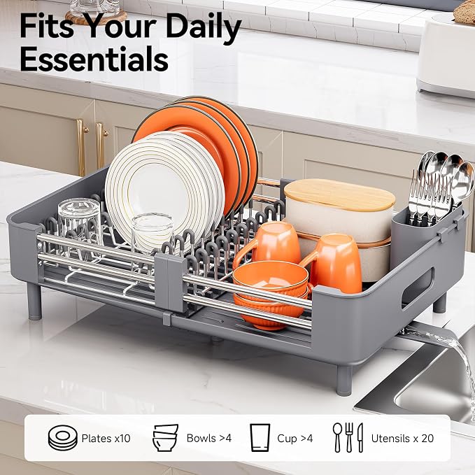 Urackify Extendable Stainless Dish Drying Rack for Kitchen Counter, Gray | 13.78"W x 18.7"L, Foldable Drainboard for Space Saving, Knife and Utensil Holder, Fast-draining Spout - Image 2