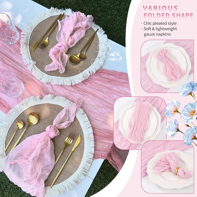 50 Pack Pink Cheesecloth Napkins 20"x20" Boho Washable Cloth Napkins Set of 50 Wrinkled Cheese Cloth Napkins Gauze Dinner Table Napkin for Wedding Party Baby Shower Birthday Decor - Image 6