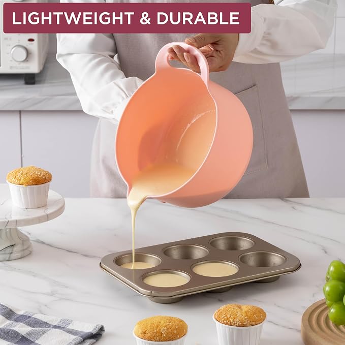COOK WITH COLOR Nesting Plastic Mixing Bowl Set with Pour Spouts and Handles, Rose, 6 Piece Non-Slip - Image 3