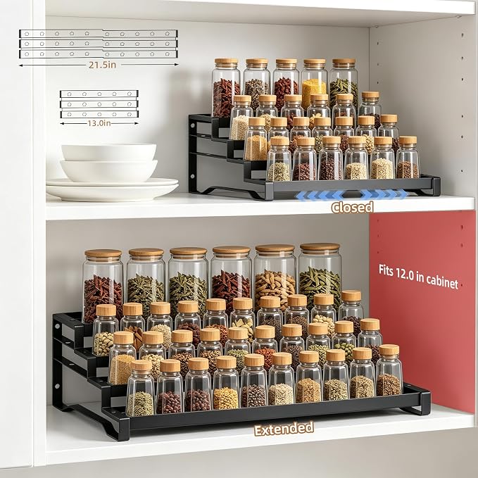 Expandable Spice Rack Organizer for Cabinet 4 Tier Spicy Shelf Black 1Pack | Adjustable Length 13"-21", Easy to See Labels, Sturdy Metal, Slip-Resistant Guardrails for Jars, Cabinet & Countertop Storage - Image 2