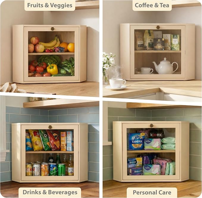 2 Tier Corner Bread Box for Kitchen Countertop, Cream | Space-saving, food-safe bamboo corner countertop cabinet featuring a modern brass knob & controlled airflow. - Image 4
