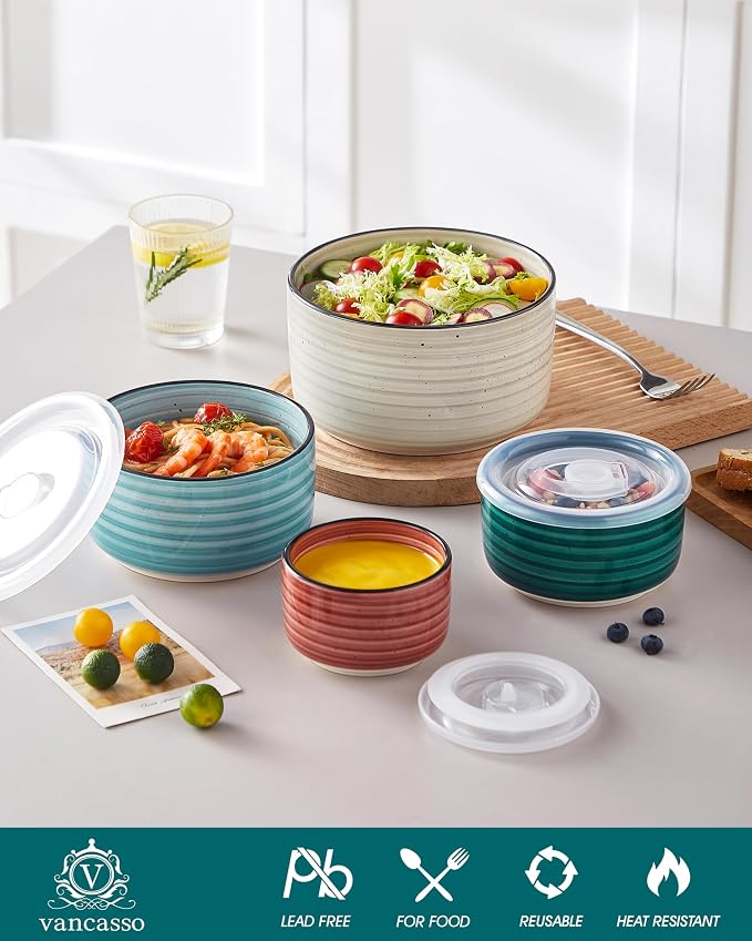 vancasso Ceramic Serving Bowls With Lids Set of 4, Airtight Nesting Bowls for Food Storage, Meal Prep, Leftovers, Microwave and Dishwasher Safe, 60/36/20/10 oz - Image 3