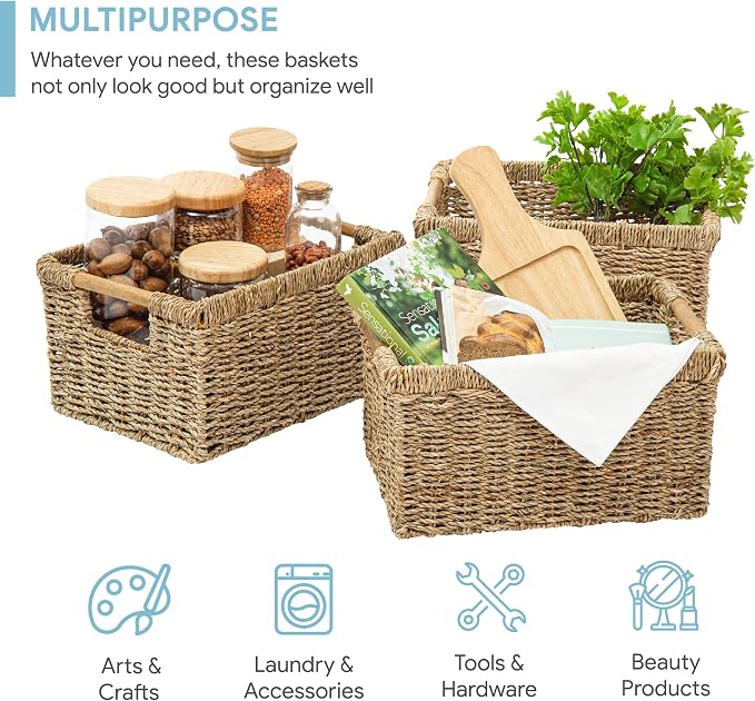 Natural Seagrass Basket with Wooden Handle, Medium Rectuangular Wicker Basket for Living Room 12.2 x 8.9 x 6.7 inches - 3 Pack - Image 2