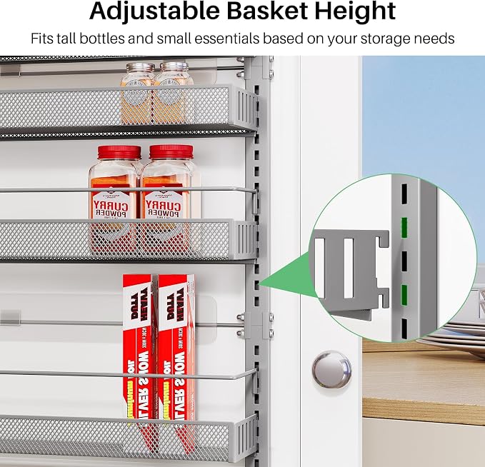 SNTD 8 Tiers Over the Door Organizer, 17" W x 6" D x 69" H, Grey | Pantry Door Organizers and Storage, Height Adjustable Spice Rack, Dense Mesh Baskets, Anti-Swing, Adjustable Door Fastener - Image 4