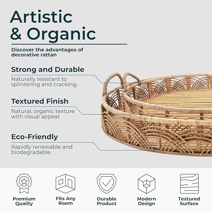 Set of 2 Handwoven Rattan Serving Trays with Handles – Round Bamboo Wood Tray for Office & Home Decor – Decorative Serving Tray Organizer for Living Room & Bedroom, Rustic Brown - Image 5