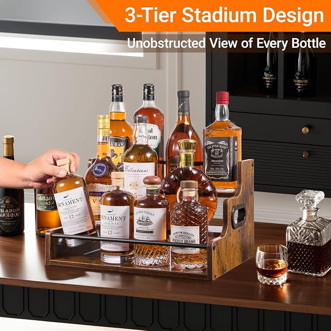 YQBRAO 3-Tier Liquor Bottle Display Shelf, 16-Inch, Rustic Brown | Holds up to 12 bottles with a compact footprint and raised rows for coffee syrups, spirits, kitchens, and home bars. - Image 2
