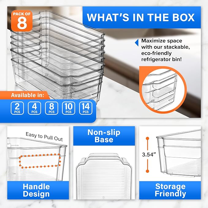 Lifemaster Multi-Purpose Refrigerator Bins - 8 Pieces Usable And Stackable Design Fridge Bin Organizer With Easy Grip Handles - Clear - Image 3