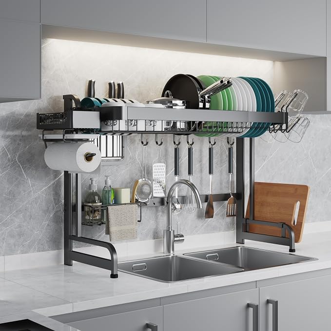 LIVOD Over Sink Dish Drainer Drying Rack, 2 Tier Full Stainless Steel Storage Adjustable Length Kitchen Rack, Multifunctional Expandable Counter Organizer, Space Saver Dish Rack - Image 8
