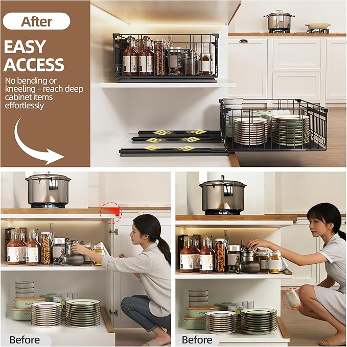 2 Pack Expandable Pull Out Cabinet Organizer, 15" Deep | Pull Out Drawers for Cabinets with width from 13" to 20", Cabinet Drawers Slide Out with Upgrade 3 Slide Rails, Hold 65 lbs - Image 3