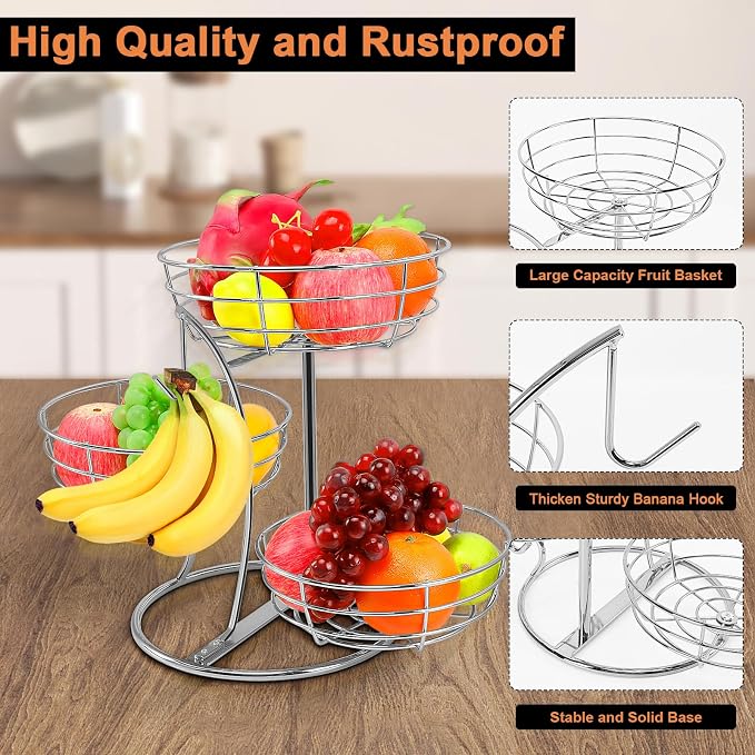 Livabber Fruit Basket Bowl with Banana Hanger, Fruit Vegetable Storage Basket with Banana Tree Holder for Kitchen Counter, Detachable Organizer for Bread Snack Produce (Chrome, 3-Tier Metal Base) - Image 7