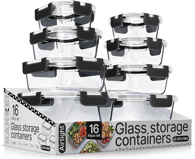 Bakken Borosilicate Glass Food Storage Containers with Lids 16 Pieces, BPA-Free Stackable Lunch & Leftover Containers, Microwave, Freezer & Dishwasher Safe, 100% Airtight Leak-Proof, Black by BAKK%C3%8BNMASTER