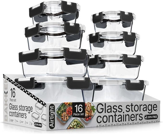 Bakken Borosilicate Glass Food Storage Containers with Lids 16 Pieces, BPA-Free Stackable Lunch & Leftover Containers, Microwave, Freezer & Dishwasher Safe, 100% Airtight Leak-Proof, Black by BAKK%C3%8BNMASTER