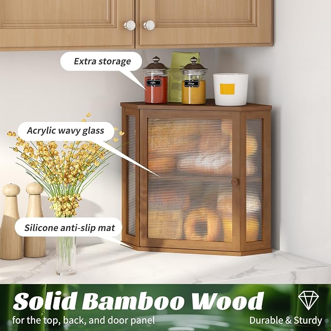 Brown Corner Bread Box, Large Bamboo Bread Box for Kitchen Countertop, 2 Tier Wooden Bread Storage, Solid Bamboo Wood - Image 5