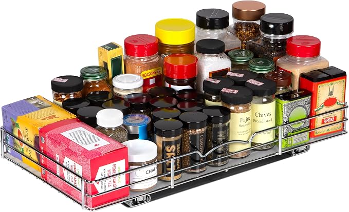Pull-Out Cabinet Spice Rack Organizer, 20 ⅜"W x 10 ⅜"D x 2 ¾"H | Slim Slide-Out Storage for Spices, Bottles & Jars, Premium Heavy-Duty Steel, Easy Install for Narrow Kitchen Cabinets, Chrome - Image 8