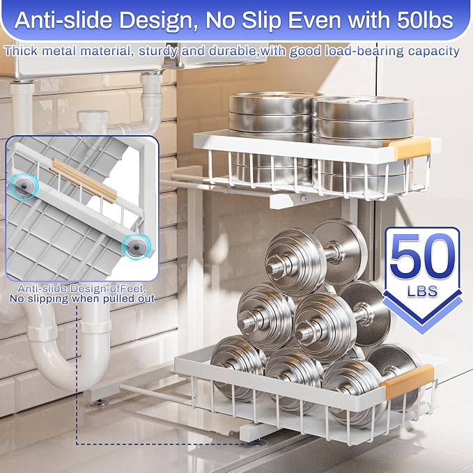 ADBIU 2 Pack Under Sink Organizers and Storage, Height Adjustable 2-Tier Pull Out Cabinet Organizer, Heavy Duty Slide Out Sink Shelf Drawer for Kitchen Bathroom Organization - Image 7