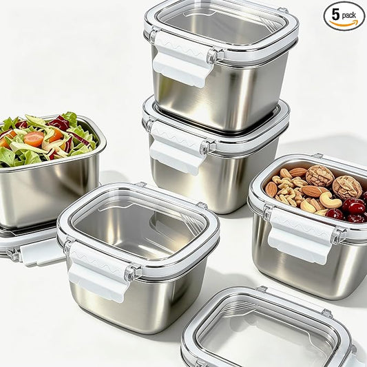 5 Pack Stainless Steel Food Storage Containers with Lids - 15.22 oz Small Snack Boxes & Lunch Containers, Shatterproof Leakproof Freezer Safe Meal Prep Containers for Portioning Snacks, Dips by Unknown