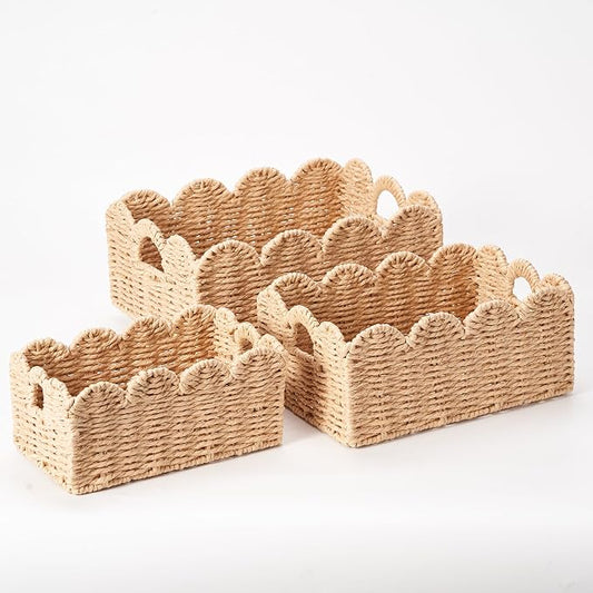 Scalloped Wicker Baskets Set of 3, Hand-Woven Storage with Handles | set of 3 beige scalloped baskets with handles. Hand-woven paper rope for shelves, bathroom or closet. Stackable, sturdy. by Floramill