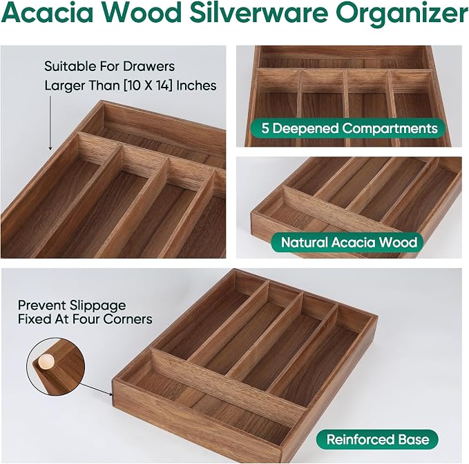 Acacia Wood Silverware Drawer Organizer, 5-Compartment Cutlery Tray | Fixed 10.08 x 13.78 x 1.97 in acacia wood tray with 5 compartments, reinforced base, and four anti-slip corner pads - Image 3