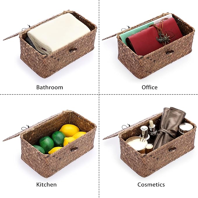 Hipiwe Wicker Shelf Baskets Bin with Lid, Handwoven Seagrass Storage Boxes | Rectangular Household Basket Boxes for Shelf Wardrobe Home Organizer, Coffee X-Small - Image 5