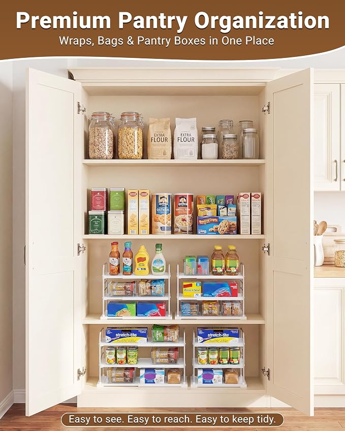 EVERIE Extendable 3-Tier Kitchen Cabinet & Pantry Organizer for Plastic Wrap, Foil & Storage Bags, Adjustable Heavy Duty Shelf Rack for Wrap Boxes, Jars & Snack Boxes (11–16.7 in Wide), Pack of 2 - Image 8