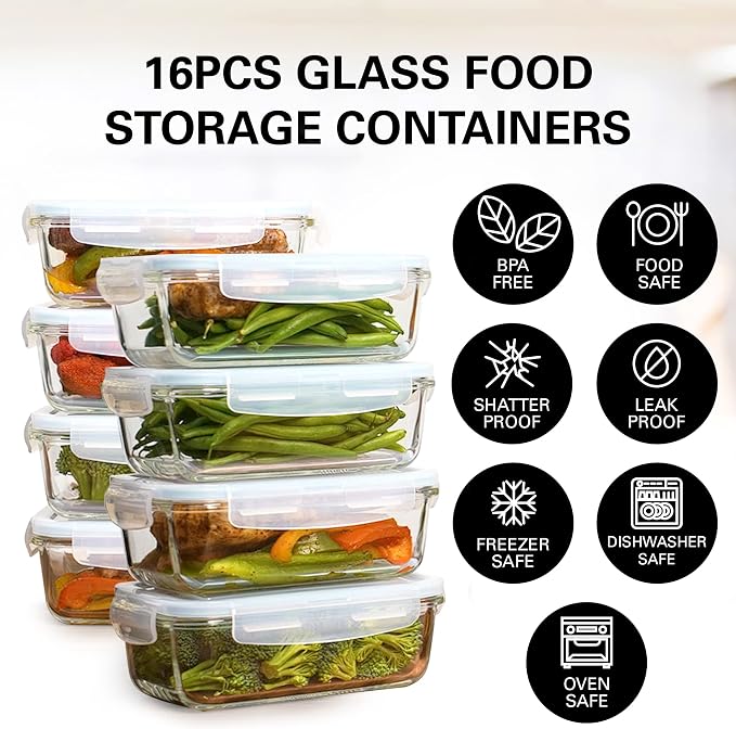 Razab 16 Pc (Set of 8) 30 Oz Glass Meal Prep Containers with Lids, Airtight Large Glass Food Storage Containers, Reusable Leak Proof BPA Free, Freezer to Oven and Dishwasher Safe - Image 9