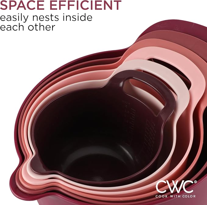 COOK WITH COLOR Nesting Plastic Mixing Bowl Set with Pour Spouts and Handles, Rose, 6 Piece Non-Slip - Image 6