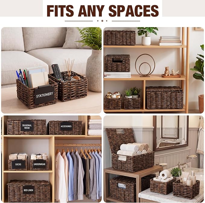 Yookeer 5 Pcs Woven Plastic Rattan Storage Baskets with Lid and Handles, Brown Large Storage Organizer with Labels, Stackable Rectangular Boho Decorative Baskets for Toys Shelves Bedroom - Image 5