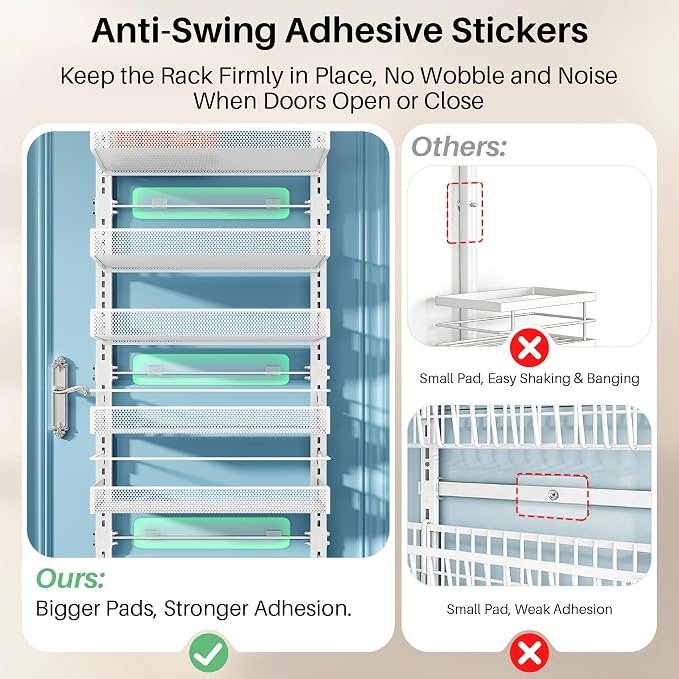 SNTD 8 Tiers Over the Door Organizer, 17" W x 6" D x 69" H, White | Pantry Door Organizers and Storage, Height Adjustable Spice Rack, Dense Mesh Baskets, Anti-Swing, Adjustable Door Fastener - Image 5