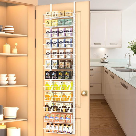 Churboro 12 Tier Over Door Pantry Organizer, 2-in-1 Adjustable Spice Rack | Pantry Door Organizers and Storage, Hanging or Wall Mount Spice Rack, Sturdy Metal Shelves with 12 Adjustable Baskets, White by Churboro