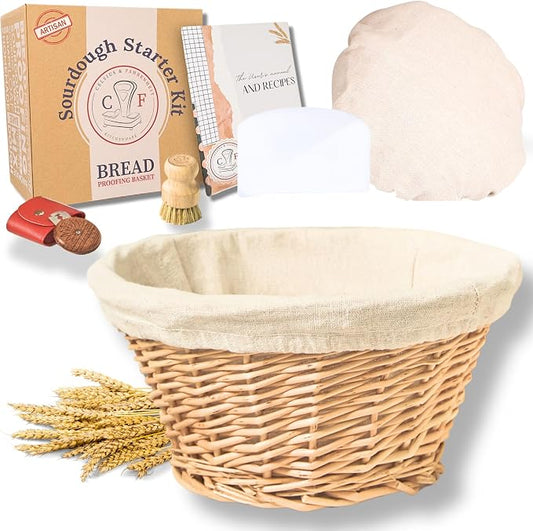 Wicker Banneton Bread Proofing Basket – 9” Round Sourdough Starter Kit with Liner & Cover – Proofing Basket for Artisan Baking – Sourdough Bread Baking Supplies & Bread Making Tools by CelsiusFahrenheit