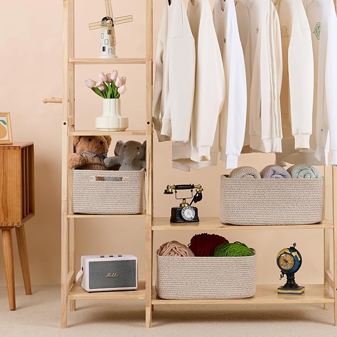 MiniArk Large Storage Baskets for Shelves, 17 x 13 x 7.5” Closet Organizers Bins for Clothes Blanket Towels, Baby Nursery, Toy Baskets Box, Woven Rope Baskets, 3 Packs Mixed Brown - Image 3