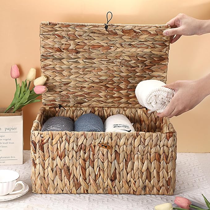 Hipiwe Wicker Storage Basket Bin with Lid, Large Water Hyacinth Baskets Box | Rectangular Decorative Shelf Baskets Bin with Handles Handwoven Household Basket Boxes for Shelf Home Organizing - Image 5