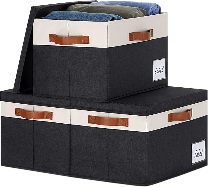 GhvyenntteS Large Storage Bins with Lids (3 Pack), Storage Baskets with Lid and Label Window, Foldable Fabric Storage Boxes with 3 Handles for Home Office College Dorms (Black, 15" x 11" x 9.7") by GhvyenntteS