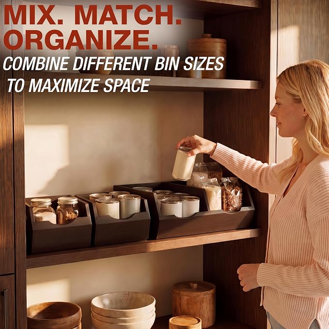 HOMESTEAD Stackable Solid Wood Storage Bins for Kitchen Pantry & Countertop, Ventilated Potato and Onion Basket Organizer with Handles, Wooden Produce Storage Containers, 3-Pack, Chestnut Finish - Image 9