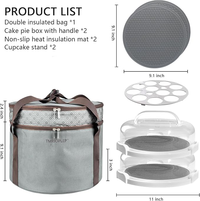 2 Pack Pie Carrier with Lids and Handles, Loadable Cupcake or Pizza Storage Containers, Includes Insulated Bags and Insulated Non-Slip Pads, Perfect for Transportation (Grey) - Image 2