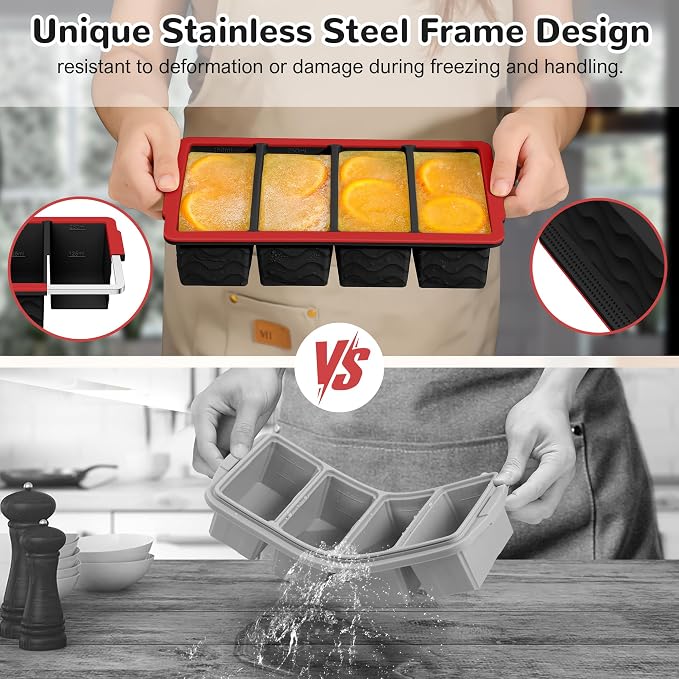 Silicone Freezer Trays with Lid (4-Pack), 1-Cup, 2-Cup, 1/2-Cup & 2-Tbsp Silicone Freezer Molds, Stackable Soup Freezer Meal Prep Containers,Ice Cube Tray for Making Sauce,Smoothies,Yogurt Bites - Image 3