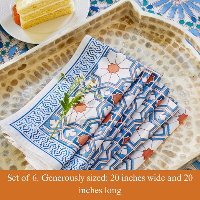 100% Blue Cotton Dinner Napkins, Set of 6, Hand Printed Mosaique Bleue Sky Design, Fair Trade, Washable Cloth Napkins for Parties & Cocktails 20x20 in - Image 4