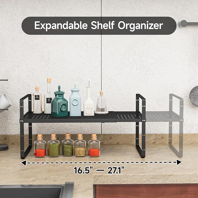 2Pack 16.5-27''L Expandable Stackable Cabinet Shelves, Black | 10.2"W x 9.6"H, Adjustable Spice Rack, For Kitchen, Countertop, Pantry and Cupboard - Image 6