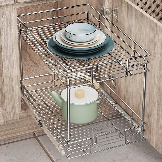 ROOMTEC New Version Pull Out Cabinet Organizer for Base Cabinet (14" W X 21" D), Kitchen Cabinet Organizer and Storage 2-Tier Cabinet Pull Out Shelves Under Cabinet Storage for Kitchen Silver,Chrome - Image 5