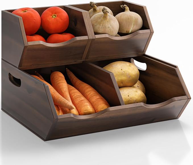 HOLANA Acacia Wood Potato & Onion Storage Bin, Stackable (Patent Pending) | Solid Acacia Wood, No Assembly, 3 Stackable Bins, Integrated Handles, 50LBS Capacity, Non-Skid Pads, Multi-Use, Walnut Finish by HOLANA