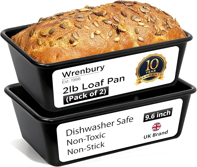 Wrenbury Pro 2lb Loaf Pan Set of 2 - Carbon Steel Large Bread Pan 1kg | for Baking Delicious Meatloaf - Air Fryer 2 lb Baking Tray - Twin Pack by Wrenbury