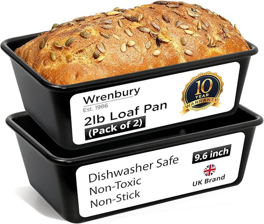 Wrenbury Pro 2lb Loaf Pan Set of 2 - Carbon Steel Large Bread Pan 1kg | for Baking Delicious Meatloaf - Air Fryer 2 lb Baking Tray - Twin Pack by Wrenbury