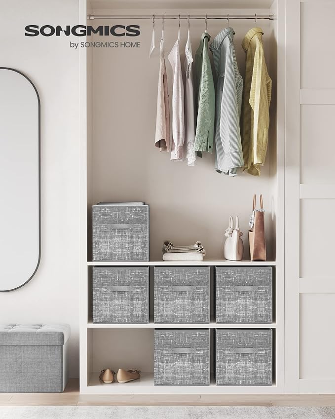SONGMICS Storage Cubes, 11.8-Inch Non-Woven Fabric Bins with Double Handles, Set of 6, Closet Organizers for Shelves, Foldable, for Clothes, Cattail Gray UROB030G01 - Image 2