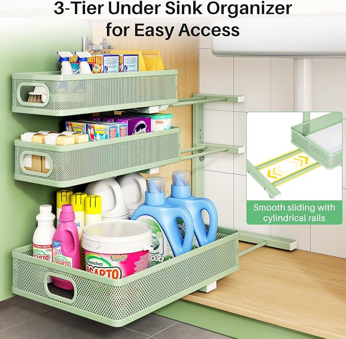 Kitstorack Under Sink Organizer, 2-Pack 3-Tier Height Adjustable Thickened Metal Pull out Cabinet Organizer Shelf, Slide out Storage Drawer Rack for Bathroom Kitchen Pantry Home Organization, Green - Image 5